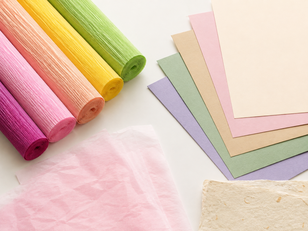 Different types of paper for making paper flowers, including crepe paper, cardstock and tissue paper