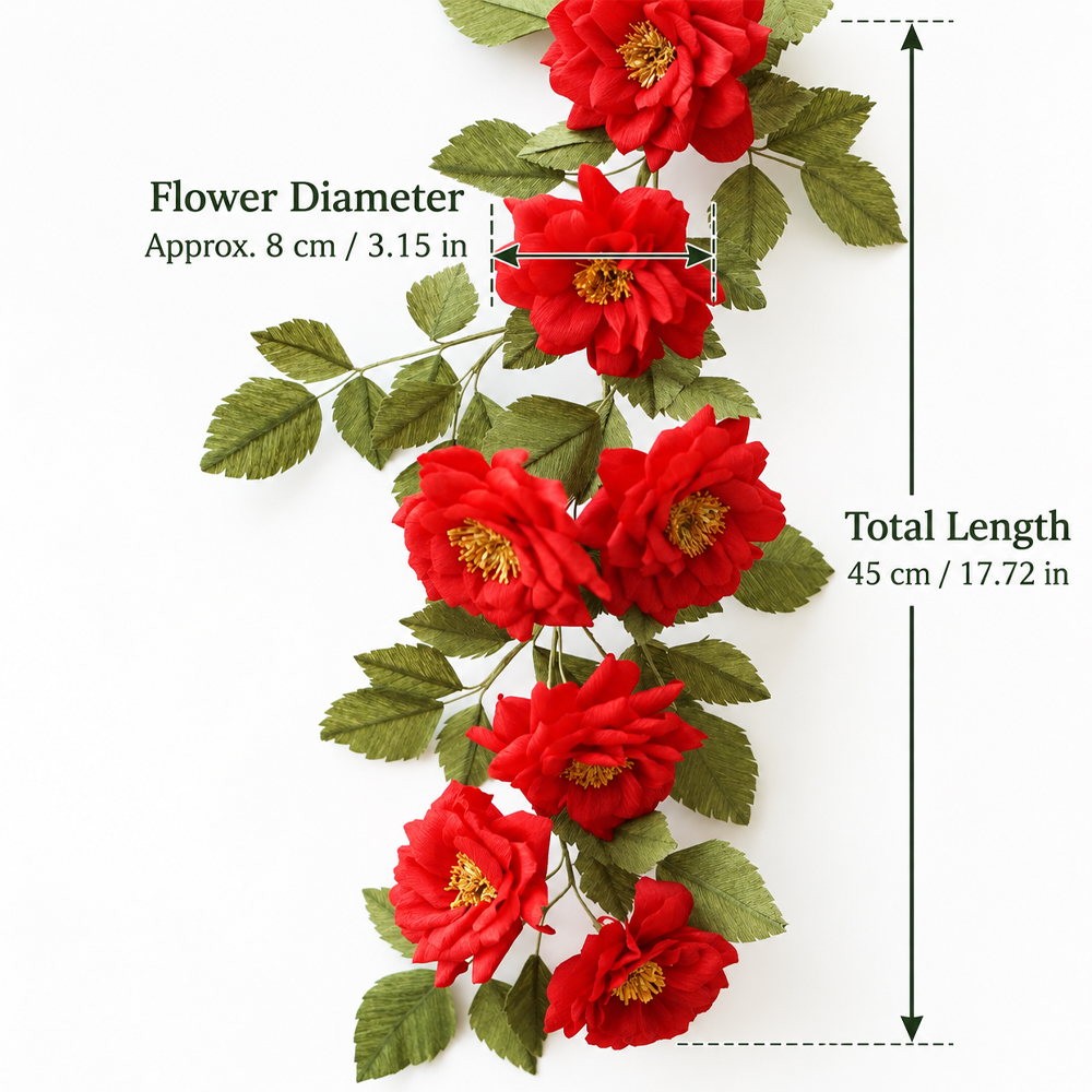 Crepe paper rose garland size guide showing 8 cm flower diameter and 45 cm total length