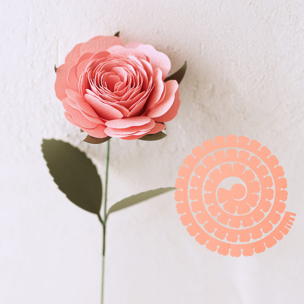 Pink paper rose with a machine-cut spiral flower template