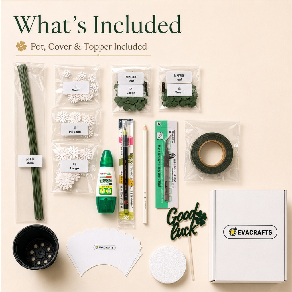 EVACRAFTS DIY paper daisy flower kit contents with pre-cut petals, leaves, stems, craft tools, pot and packaging