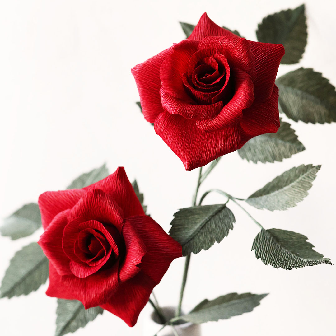 Two red crepe paper roses with green leaves