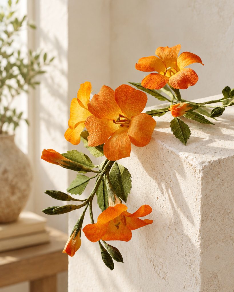 Realistic orange crepe paper trumpet vine flowers with green leaves