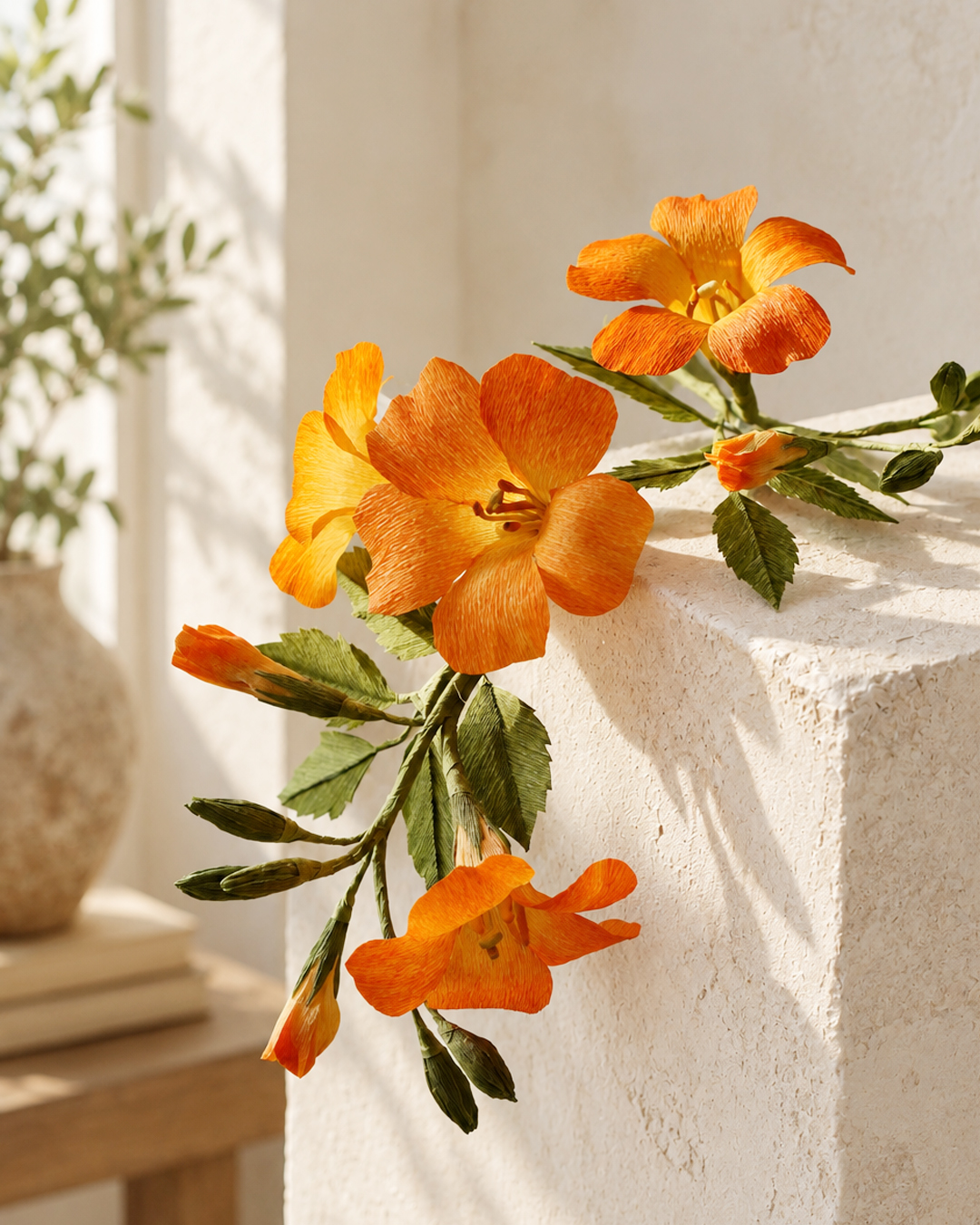 Realistic orange crepe paper trumpet vine flowers with green leaves