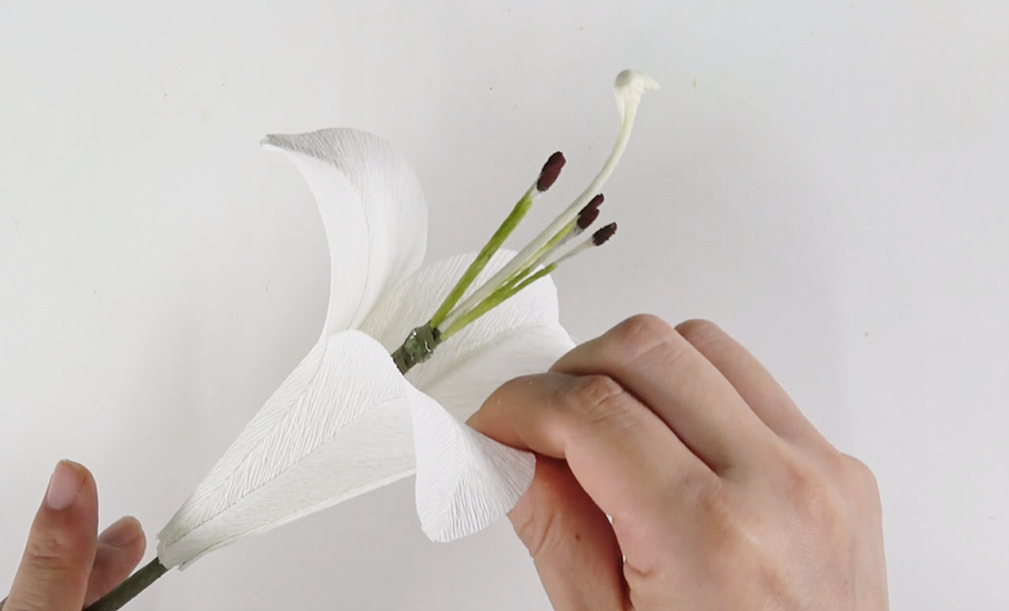Wrapping a styrofoam lily bud with white crepe paper to create a realistic flower bud