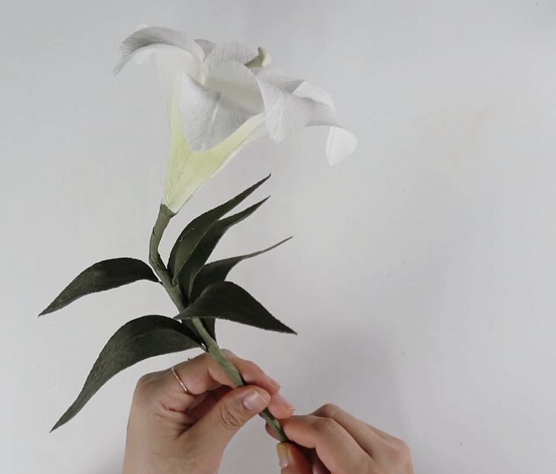 Layering and shaping white crepe paper pieces to form a realistic lily bud