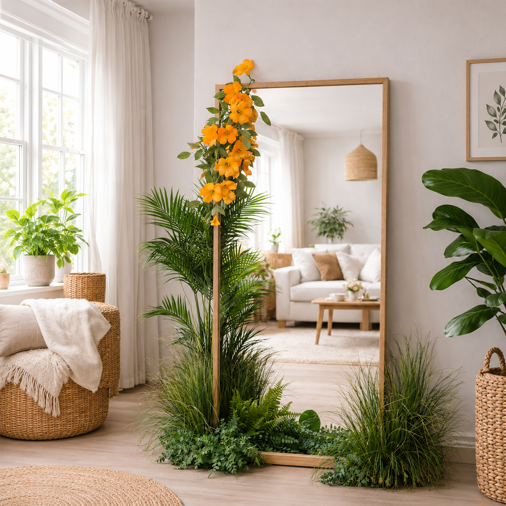 DIY crepe paper trumpet vine flowers climbing a wooden mirror