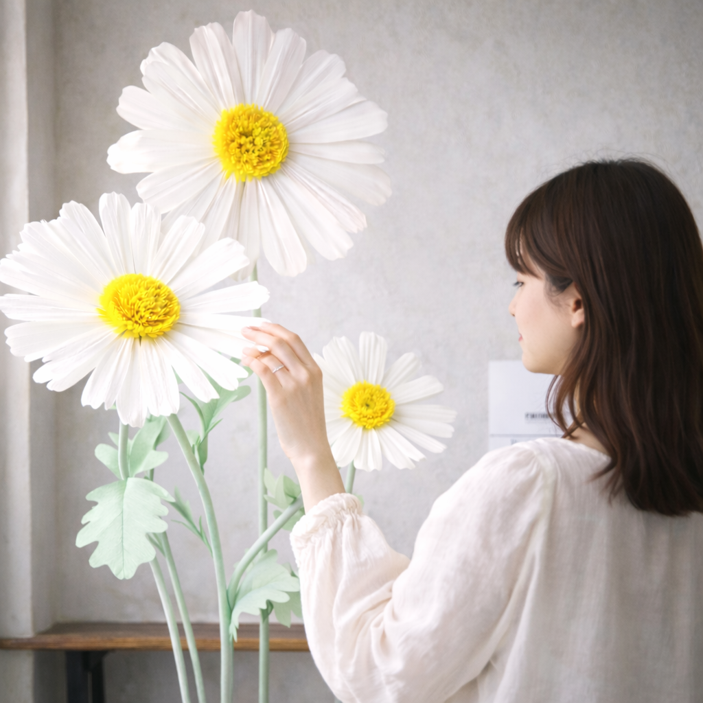 Three giant white paper daisy flowers with bright yellow centers displayed indoors