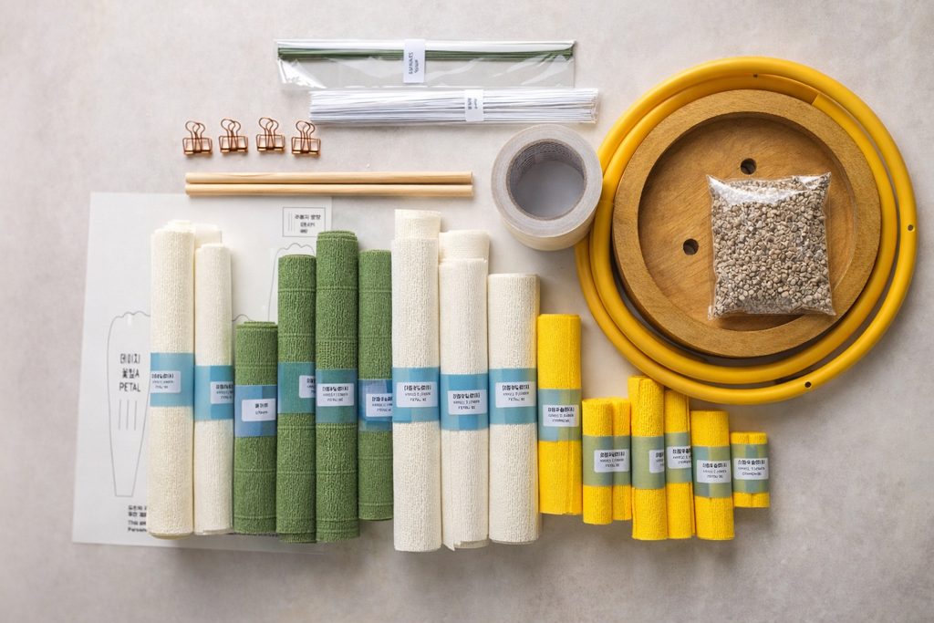 Materials for making giant paper daisies including crepe paper, floral wire, wooden dowels, flexible pipes, gravel, and a wooden base