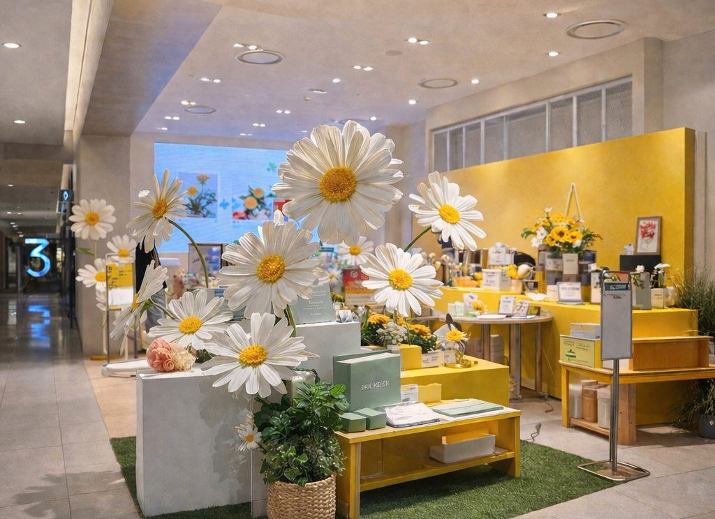 Giant white paper daisy flowers displayed in a bright yellow retail space