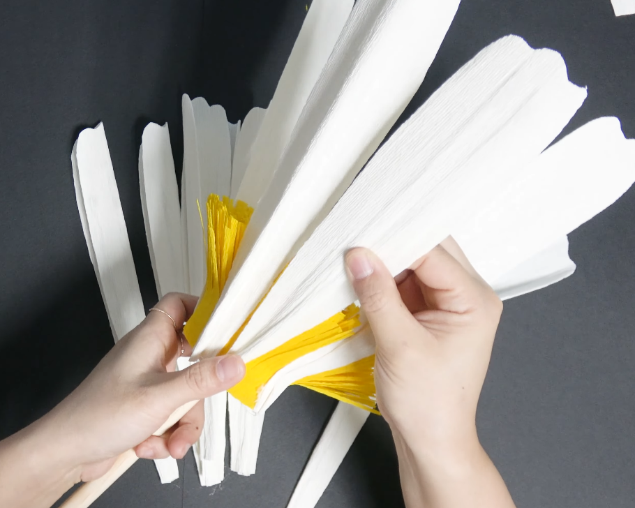 Attaching white crepe paper petals around the yellow center of a giant daisy