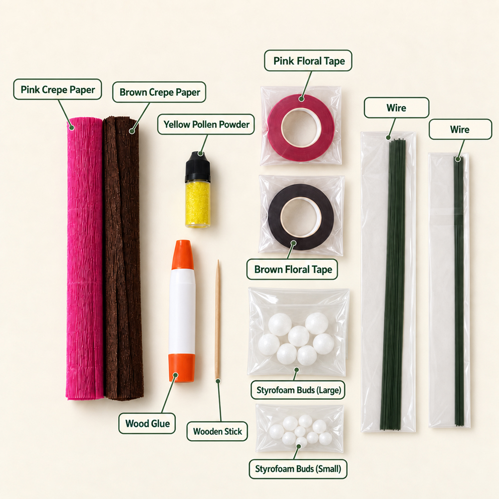 Materials for making a crepe paper plum blossom including pink and brown crepe paper, floral tape, wire, glue, pollen powder, and Styrofoam buds