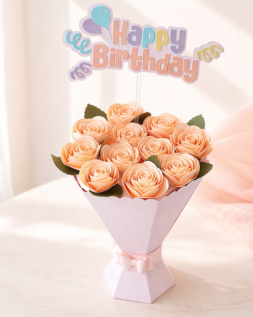 Handmade peach paper rose birthday bouquet with Happy Birthday topper