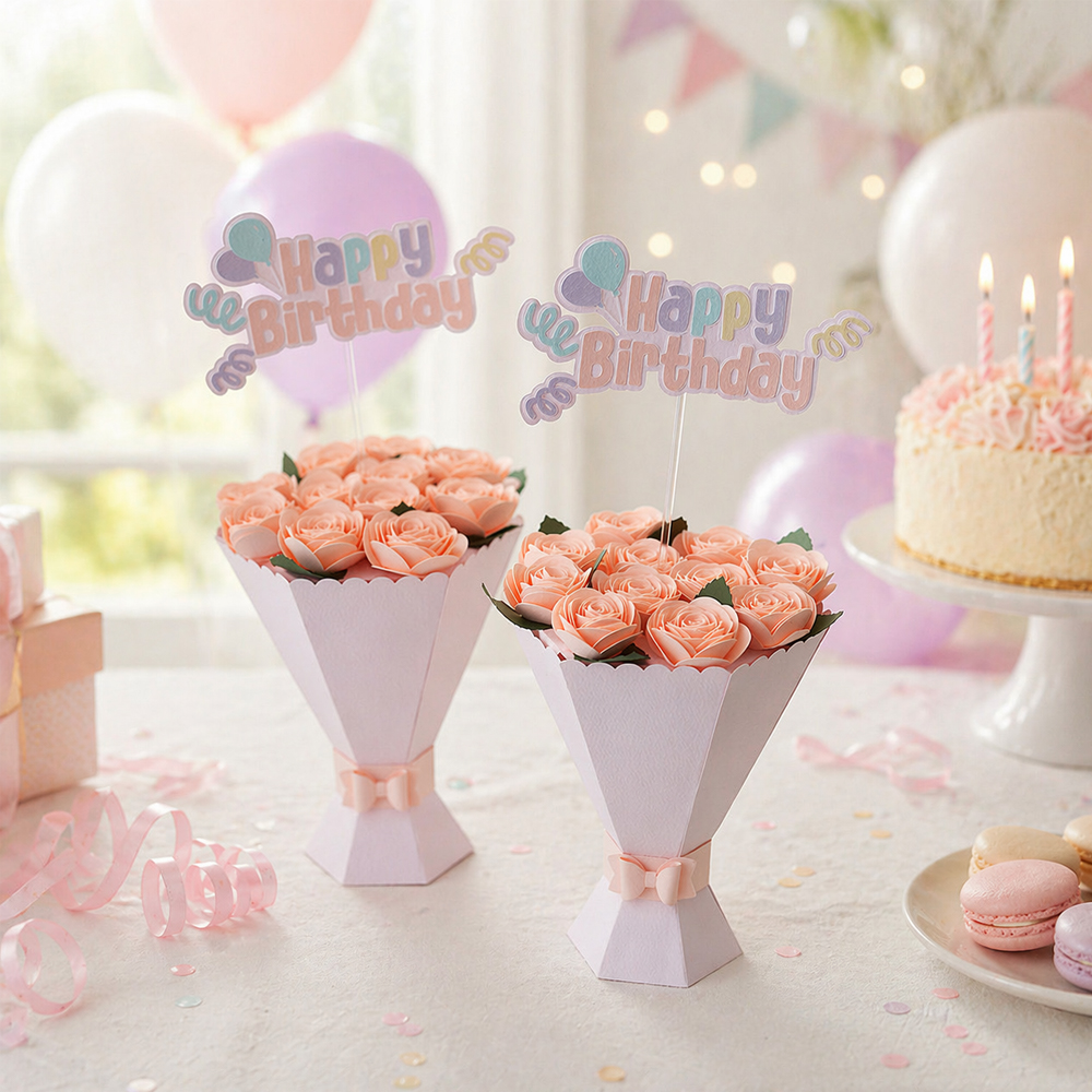 Two pink paper rose birthday bouquets with Happy Birthday toppers displayed on a pastel party table.