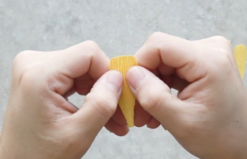Gently stretching the center of a yellow crepe paper cosmos petal by hand