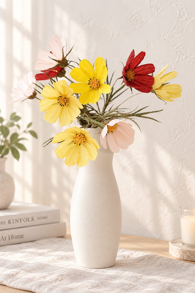 DIY crepe paper cosmos flowers in a white vase for home decor