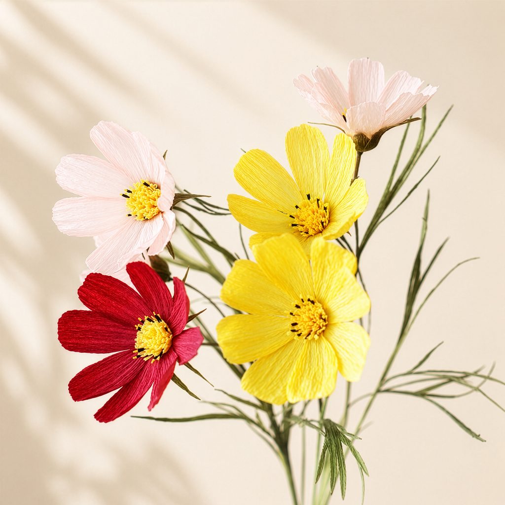 Handmade crepe paper cosmos flowers in pink, yellow, and red with realistic green stems and leaves