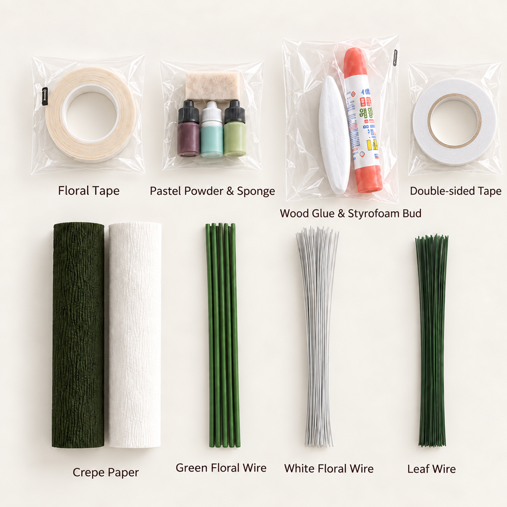 Materials for making a realistic crepe paper lily, including crepe paper, floral wire, floral tape, pastel powder, glue, double-sided tape, and a styrofoam bud