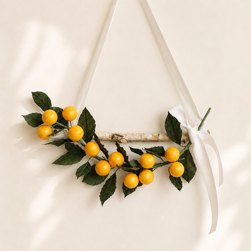 Handmade kumquat wall hanging with crepe paper leaves, yellow fruits, white ribbon, and natural branch decor
