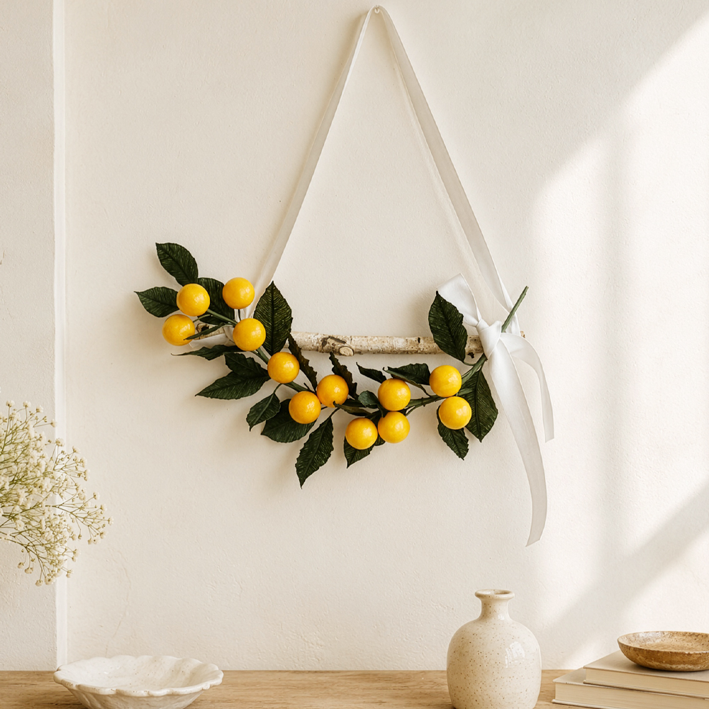 Realistic crepe paper kumquat garland with orange fruits and dark green leaves hanging on a wall as handmade citrus decor