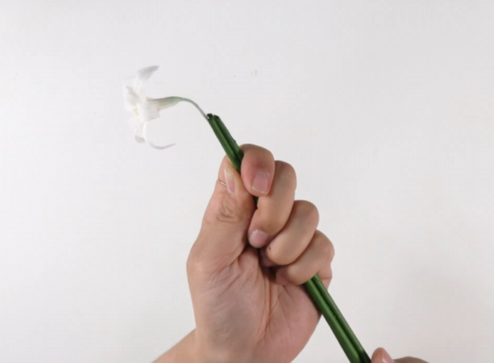Making small cuts in folded yellow crepe paper for hyacinth stamens
