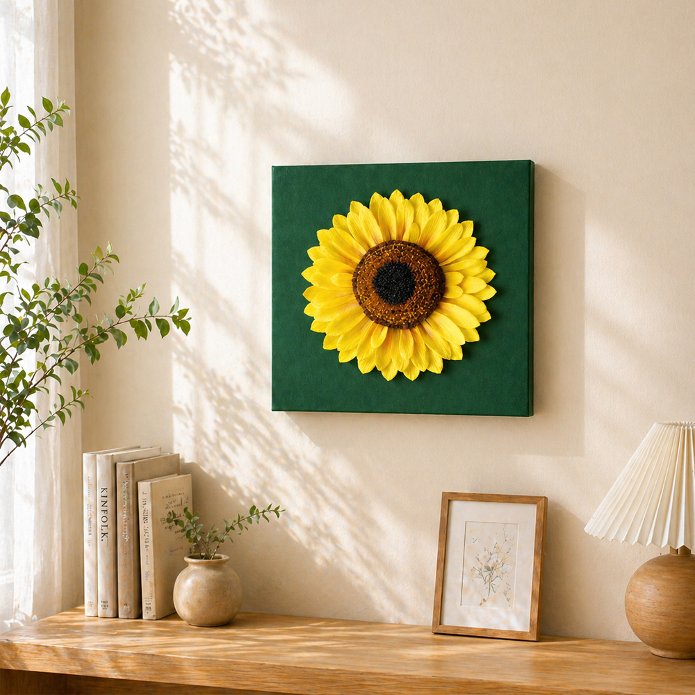 Crepe paper sunflower wall art with a large 3D yellow sunflower on a green canvas
