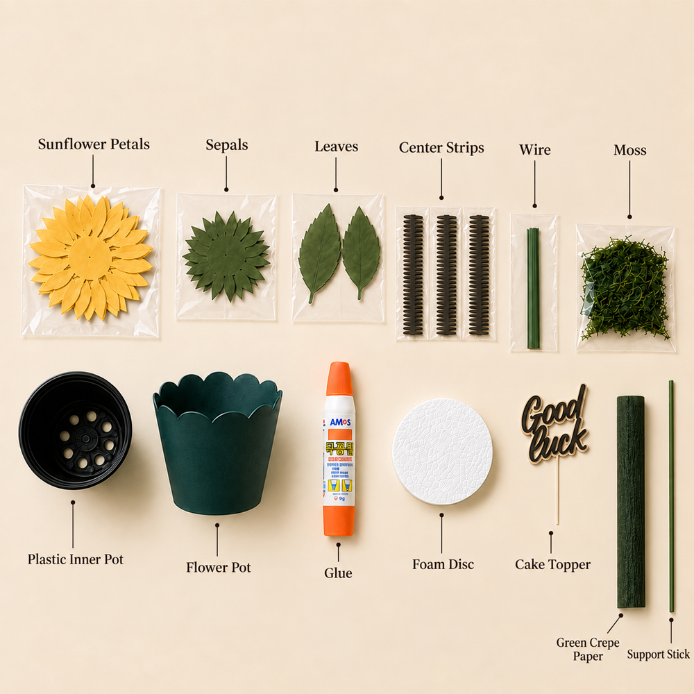 Materials for making a 3D paper sunflower with a sunflower SVG, cardstock petals, leaves, flower pot, wire, glue, foam, moss, and topper