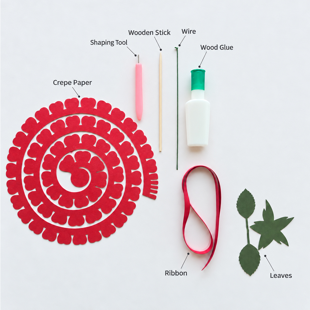 Materials for making an easy rolled paper rose with cardstock, floral wire, glue, ribbon, and shaping tools