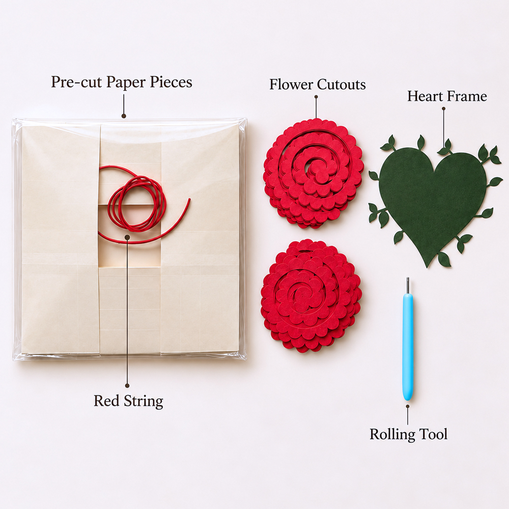 Materials for making heart-shaped paper flower wall art with red rolled paper roses, green leaves, red ribbon, and a rolling tool