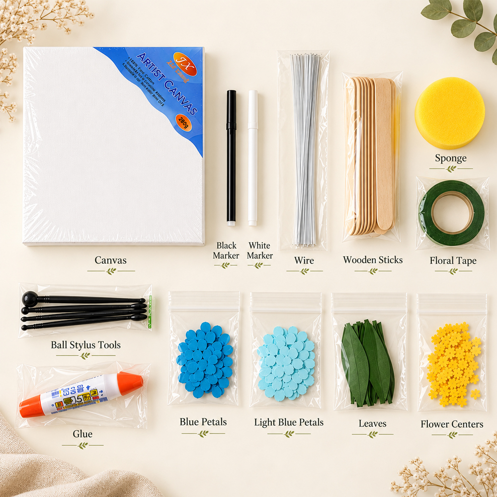 Materials for making forget-me-not paper flower wall art with cardstock petals, canvas, wire, floral tape, glue, markers, wooden sticks, and shaping tools