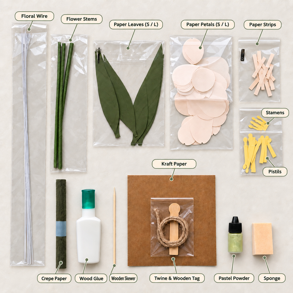 Materials for paper tulip tutorial including petals, leaves, floral wire, stems, crepe paper, pastel powder, kraft paper, and twine