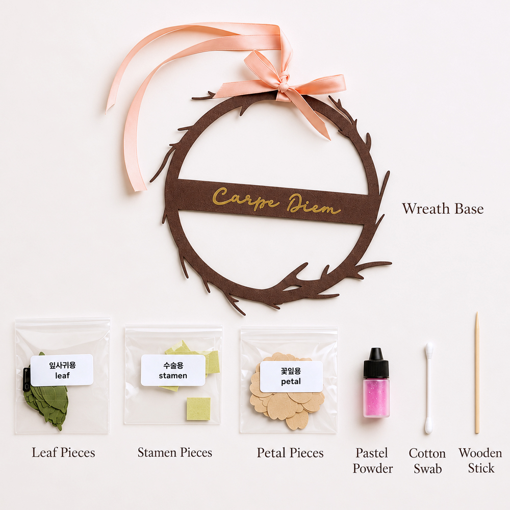Materials for making a DIY paper flower wreath with dogwood petals, leaves, stamens, ribbon, cotton swab, pastel powder, and wooden stick