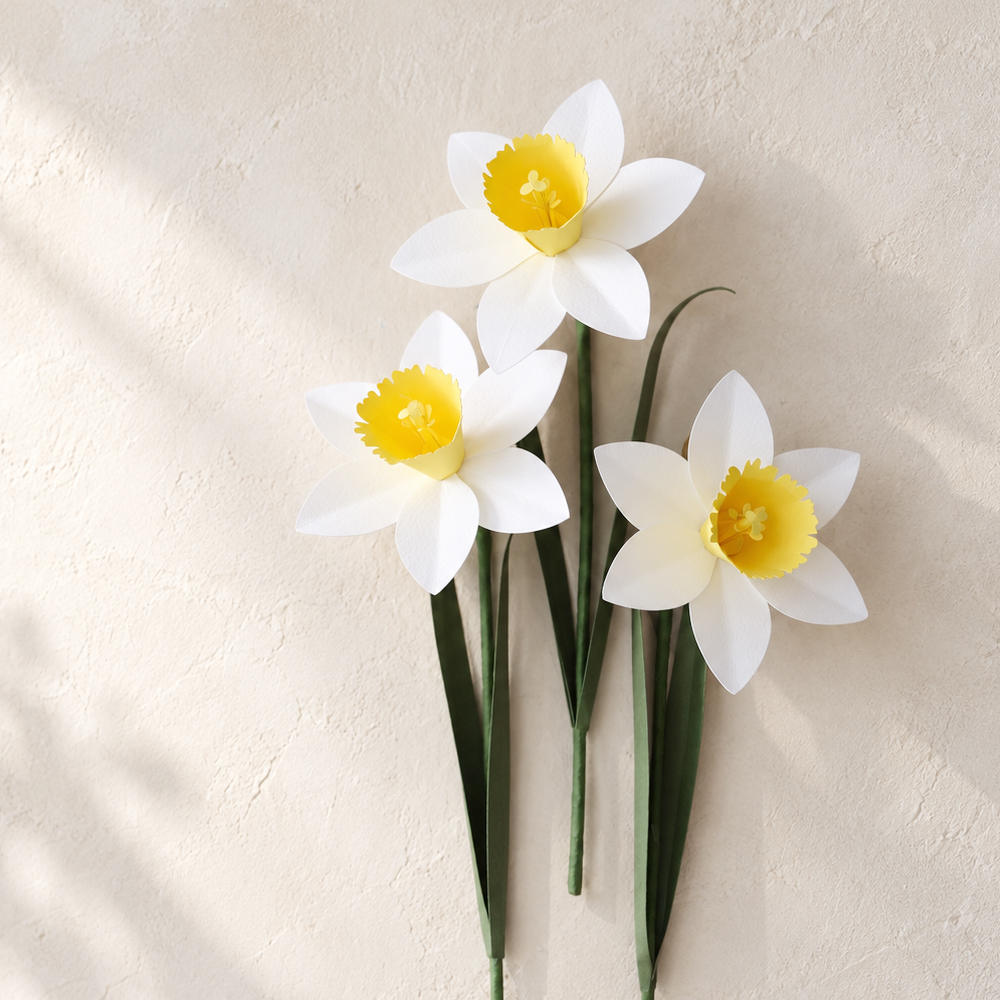 Realistic white paper daffodils with yellow centers and handmade green leaves
