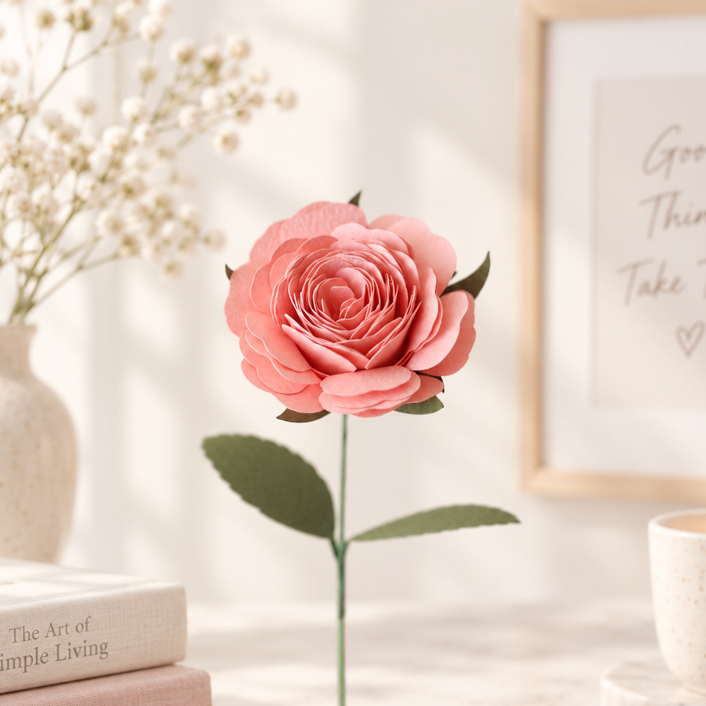 Pink rolled paper rose made from cardstock with a cutting machine