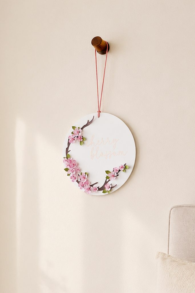 Handmade paper cherry blossom wreath with pink paper flowers hanging on a wall