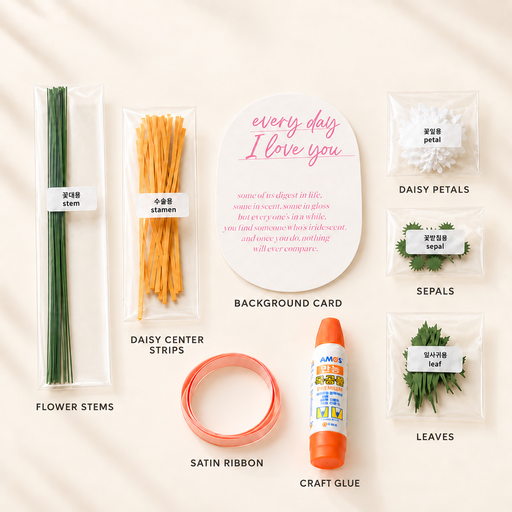 Daisy paper flower materials including stems, center strips, petals, sepals, leaves, background card, satin ribbon, and craft glue