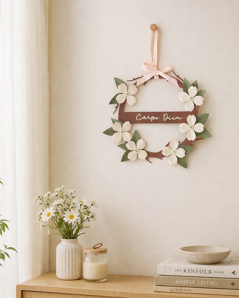 Paper flower wreath with white dogwood flowers hanging on a neutral wall as elegant home decor