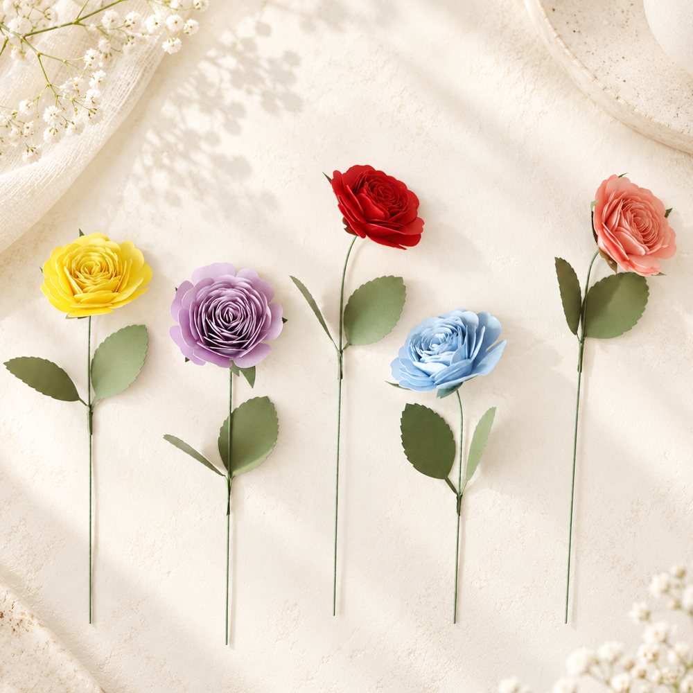 Colorful rolled paper roses made with a cutting machine and cardstock