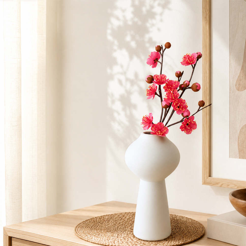 Pink crepe paper plum blossom branches arranged in a white vase for spring home decor