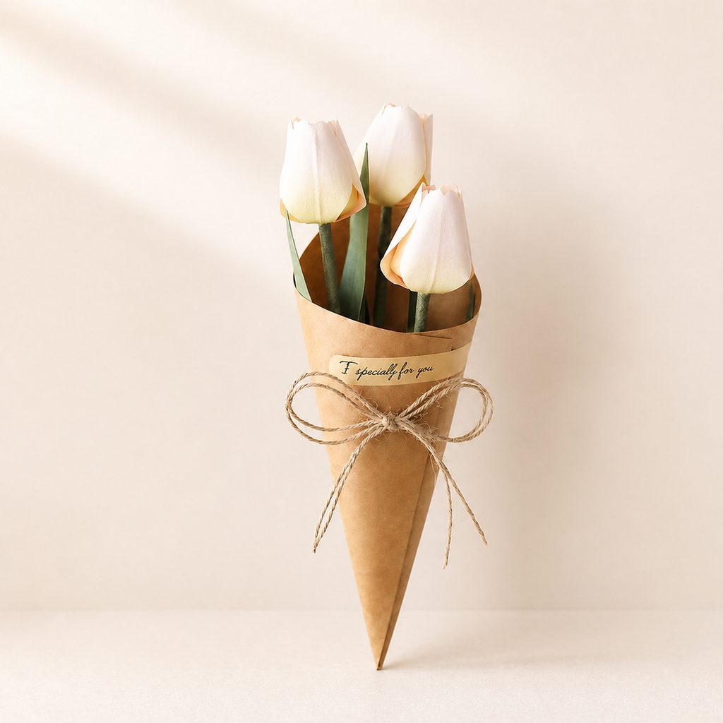 Finished paper tulip bouquet wrapped in kraft paper with jute twine and a gift sticker