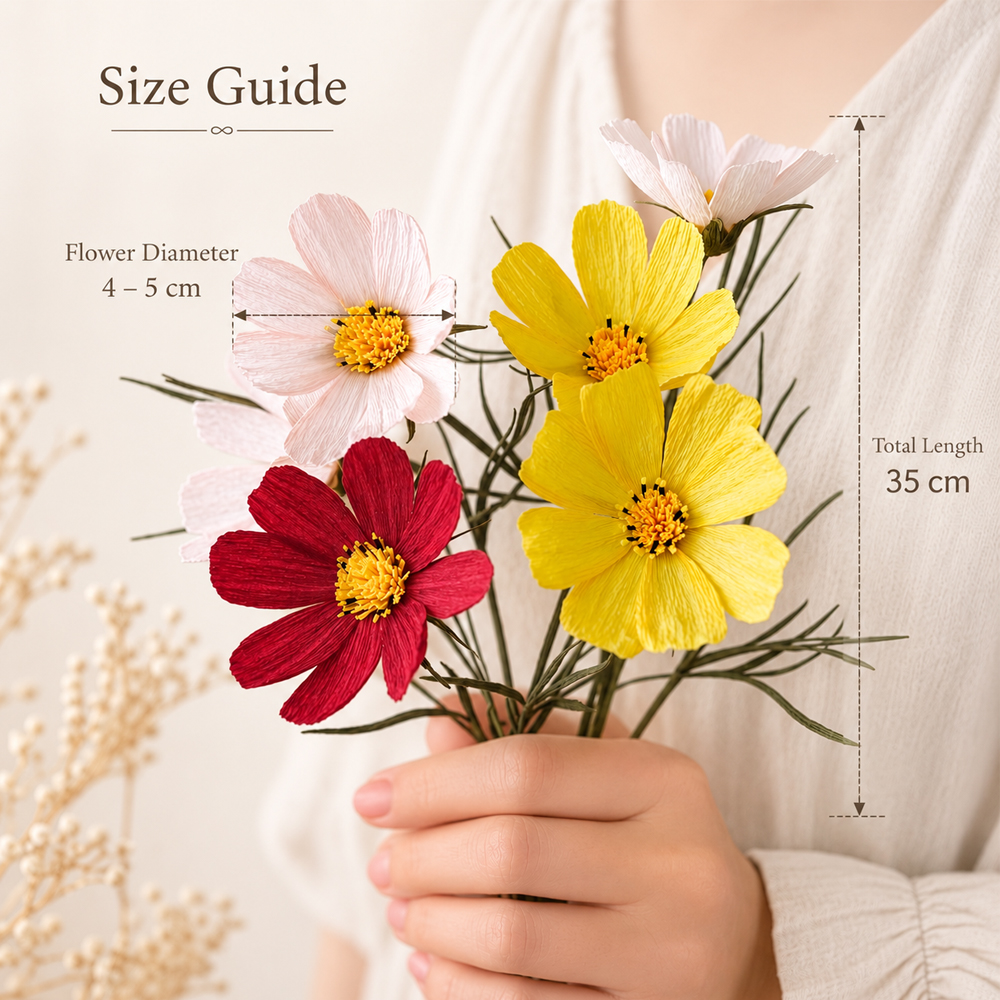 Size guide for handmade crepe paper cosmos flowers showing a 4–5 cm flower diameter and approximately 35 cm total stem length