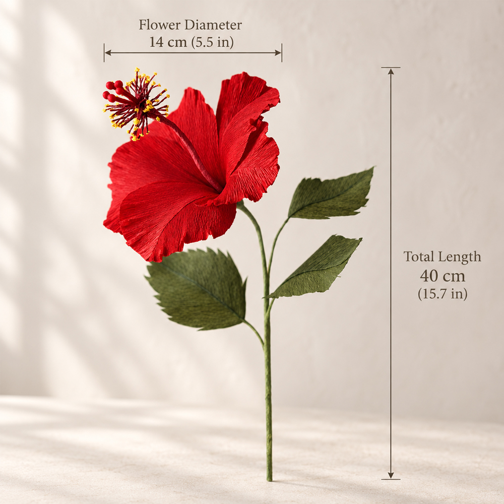 Size of a realistic red crepe paper hibiscus flower, measuring 14 cm in diameter and 40 cm in total length
