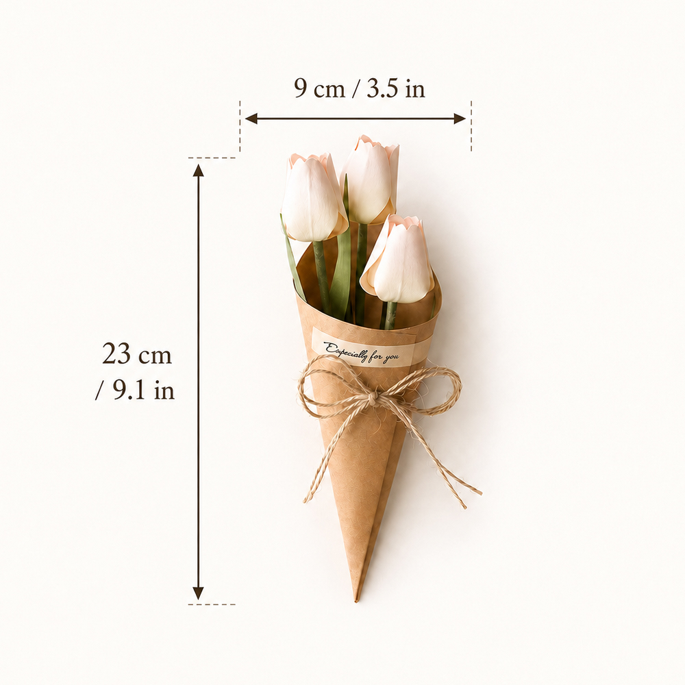 Paper tulip bouquet size measuring 23 cm tall and 9 cm wide in kraft paper wrapping