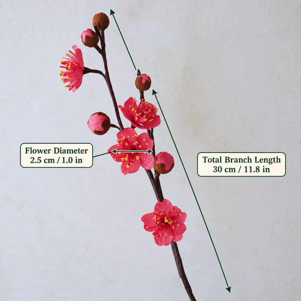 Crepe paper plum blossom branch showing 2.5 cm flower diameter and 30 cm total branch length