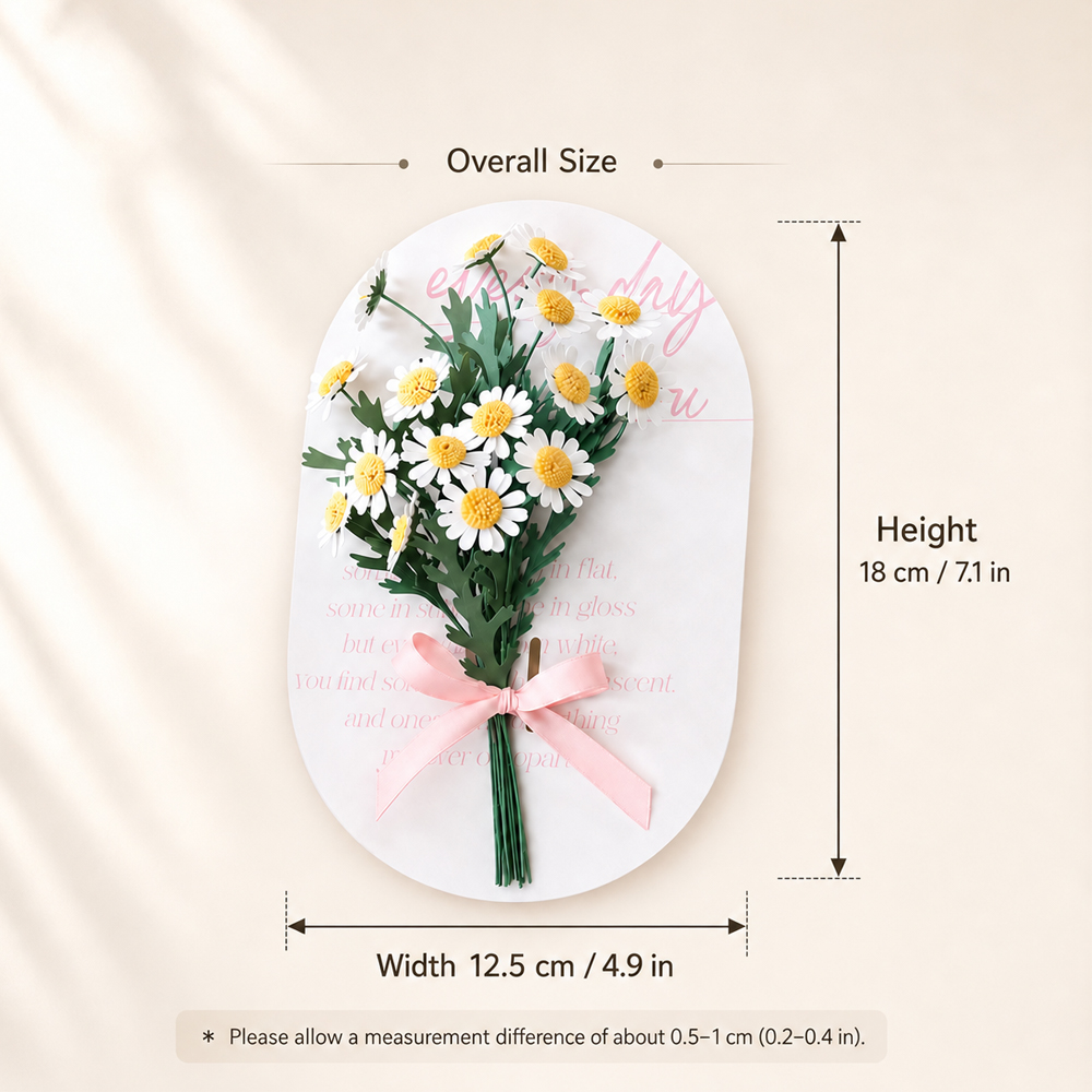 Daisy paper flower bouquet on a message card with overall size shown as 18 cm high and 12.5 cm wide