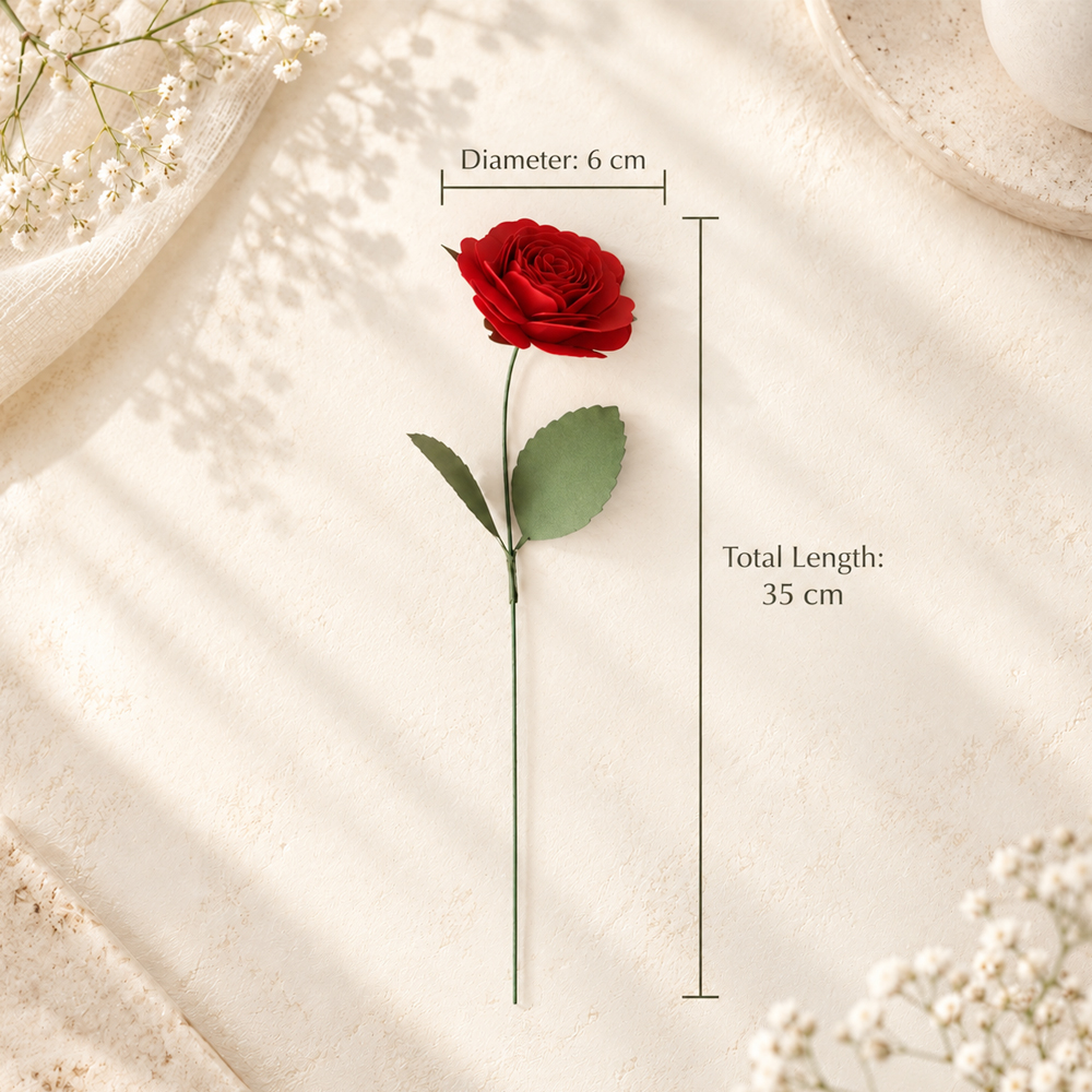 Rolled paper rose size guide showing a 6 cm flower diameter and 35 cm total stem length