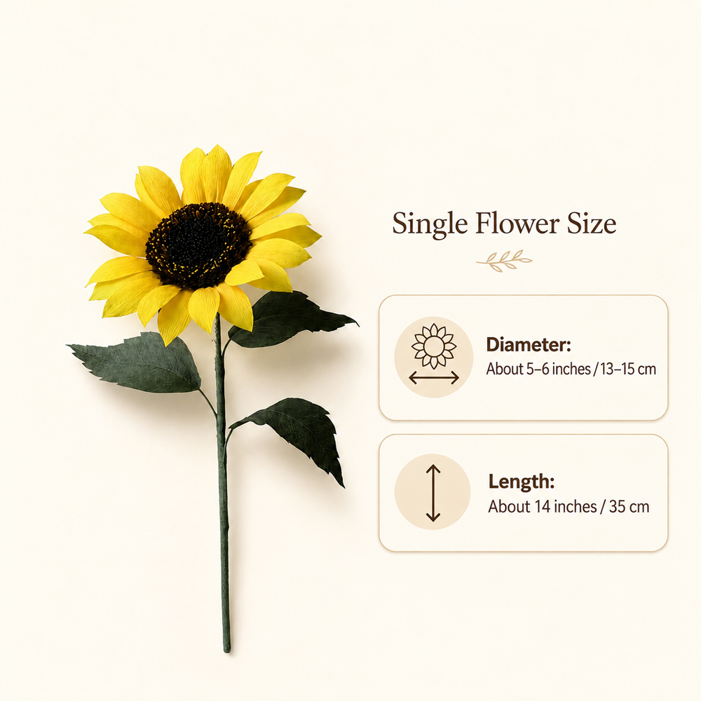 Crepe paper sunflower size guide showing a 13–15 cm flower diameter and 35 cm stem length