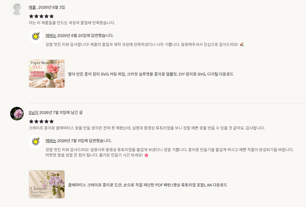 Customer feedback highlighting the quality of EVACRAFTS paper flower patterns and tutorials