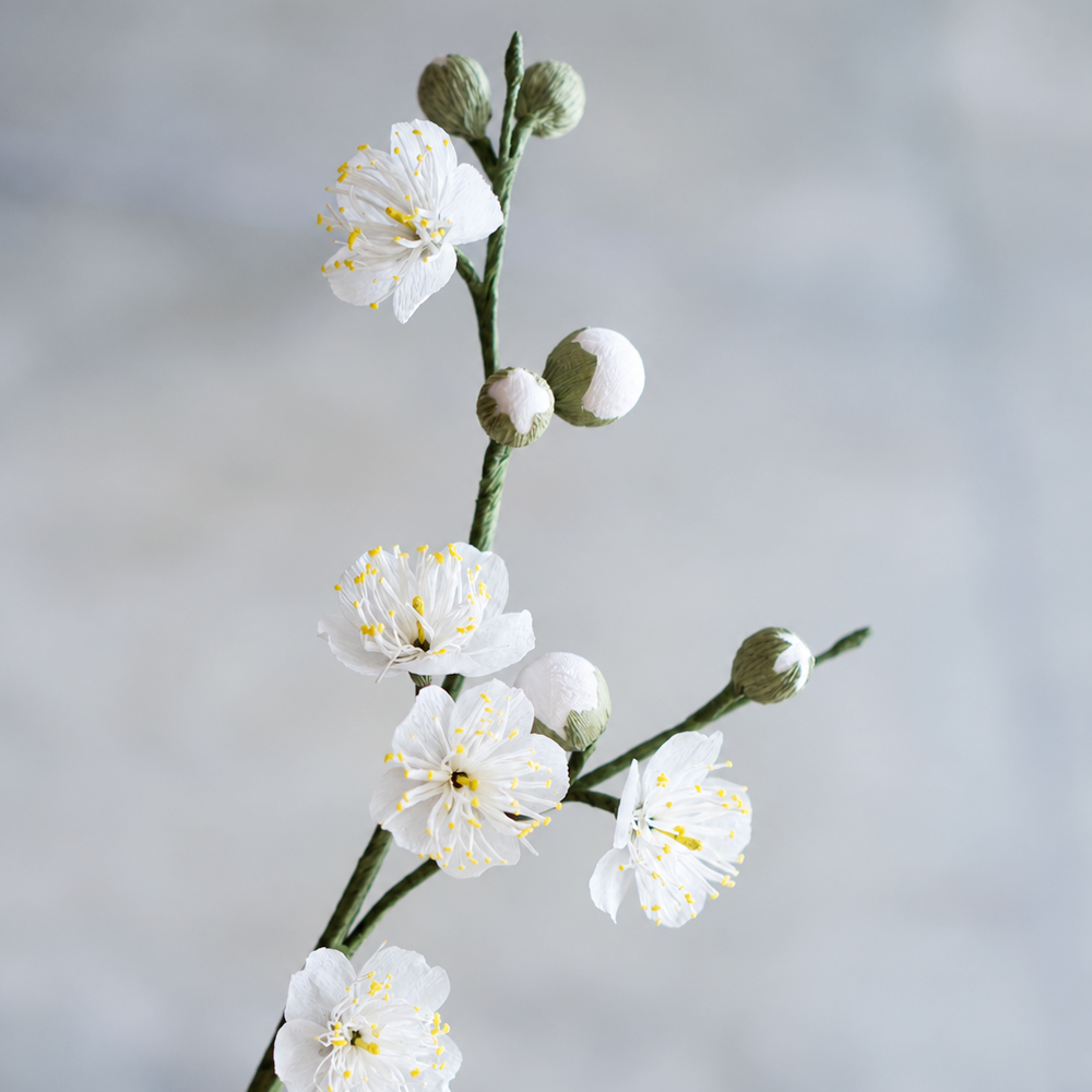 Realistic handmade white plum blossom branch made from crepe paper with delicate buds