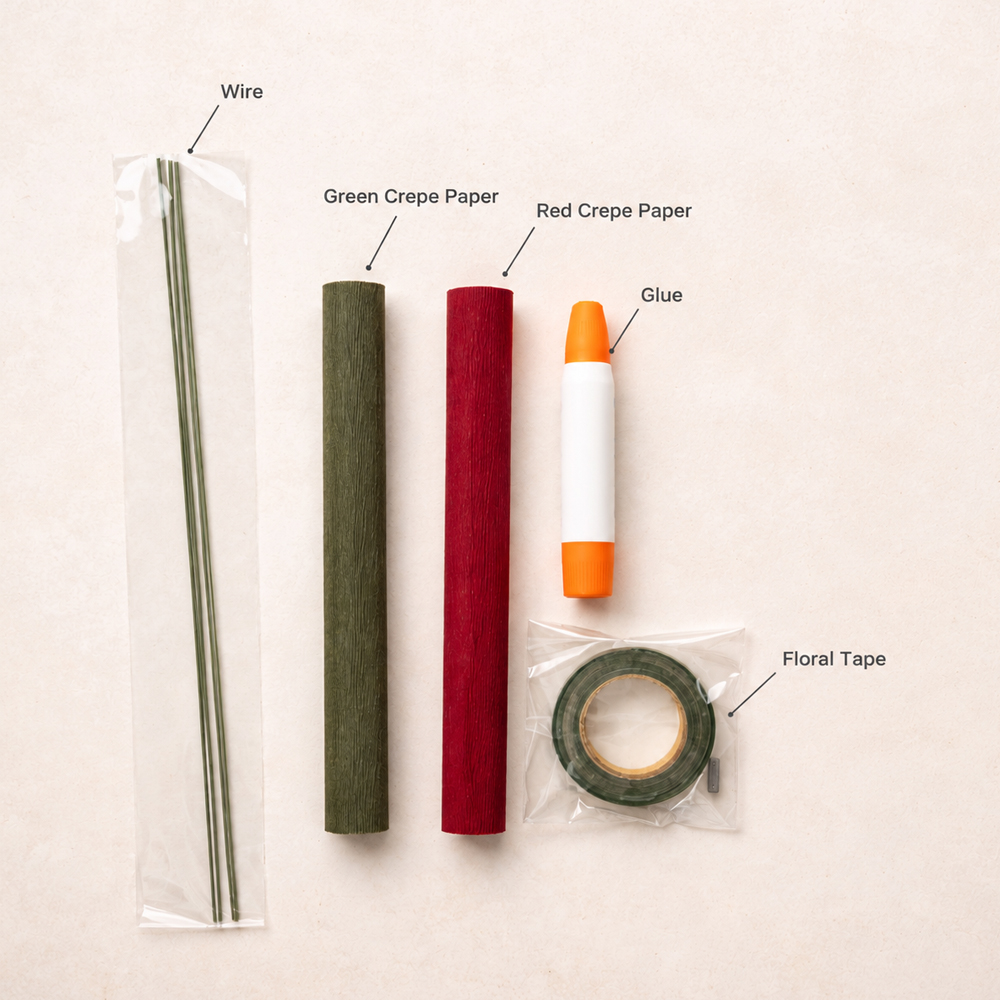 Materials for making a crepe paper carnation including red and green crepe paper, wire, glue, and floral tape