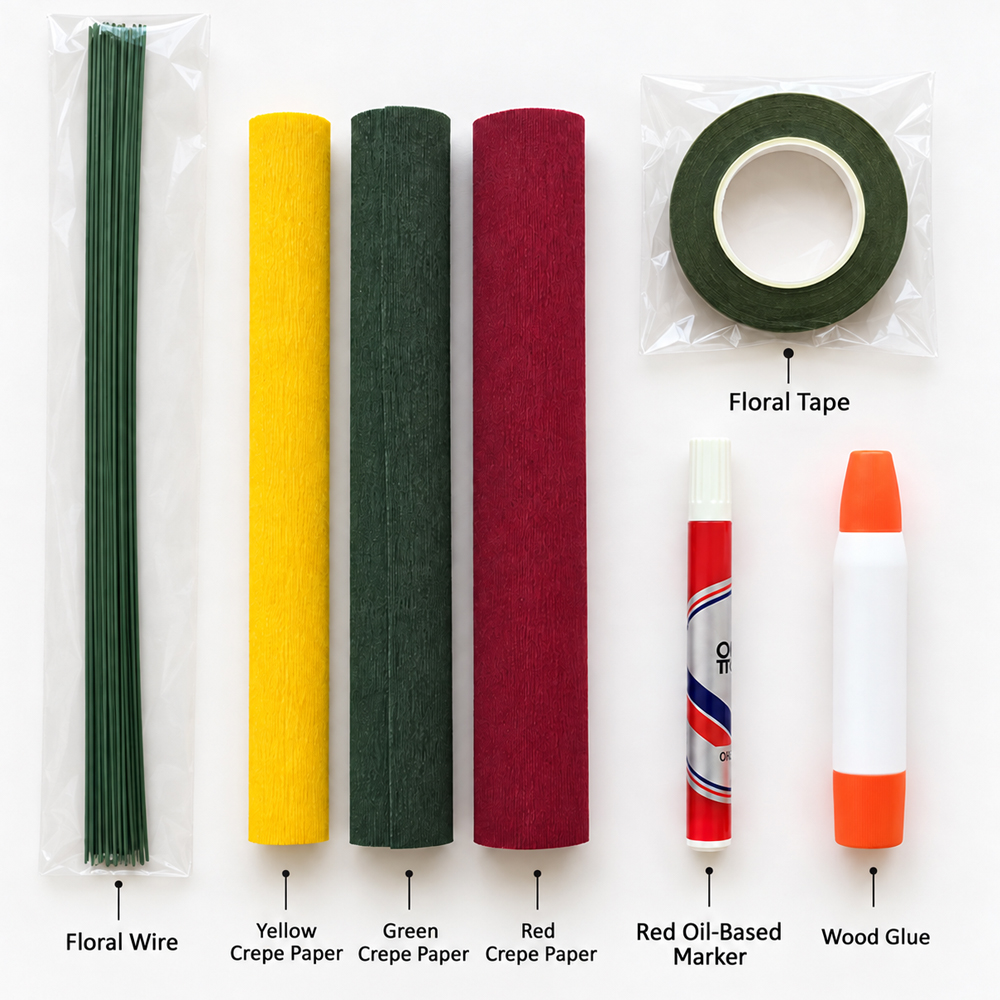 DIY Christmas poinsettia craft supplies including red, green and yellow crepe paper, floral wire, green floral tape, red oil-based marker and wood glue